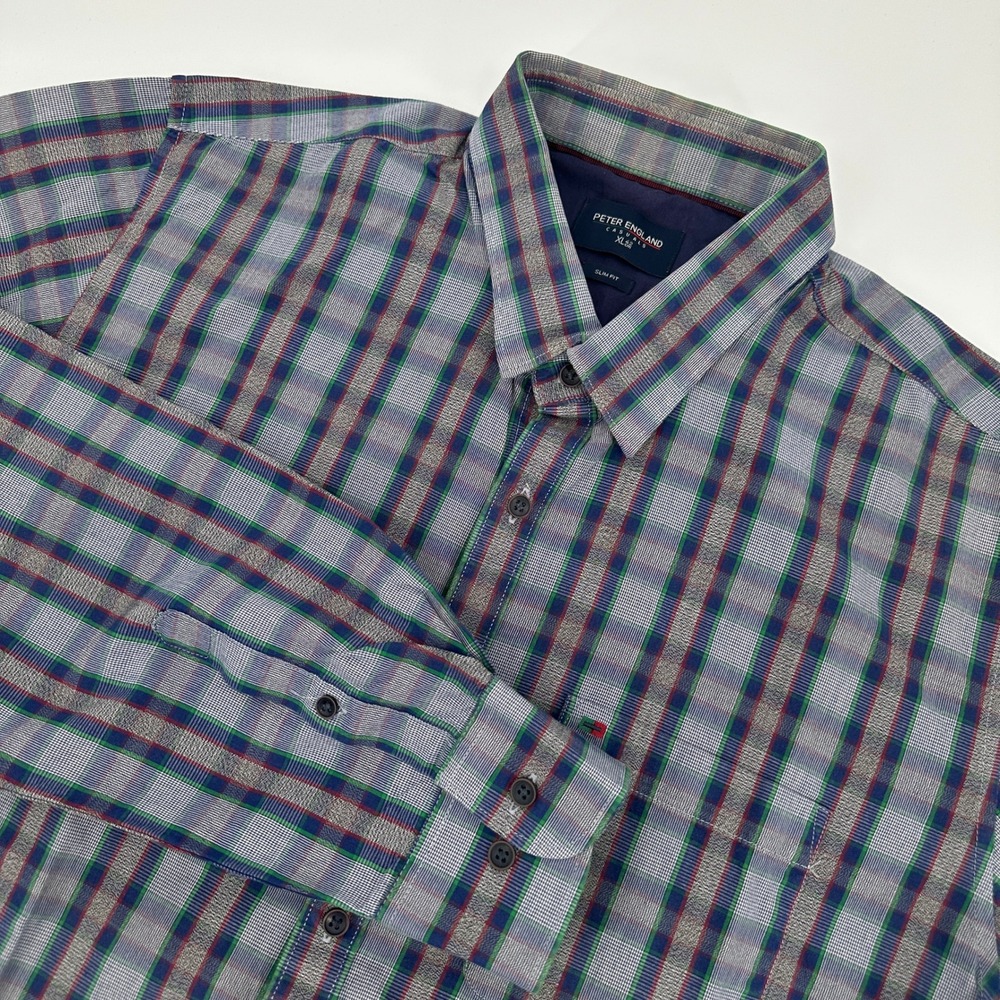 Peter England Casuals Mens‎ XL Slim Fit Plaid Button Down Shirt Grey Blue Cotton